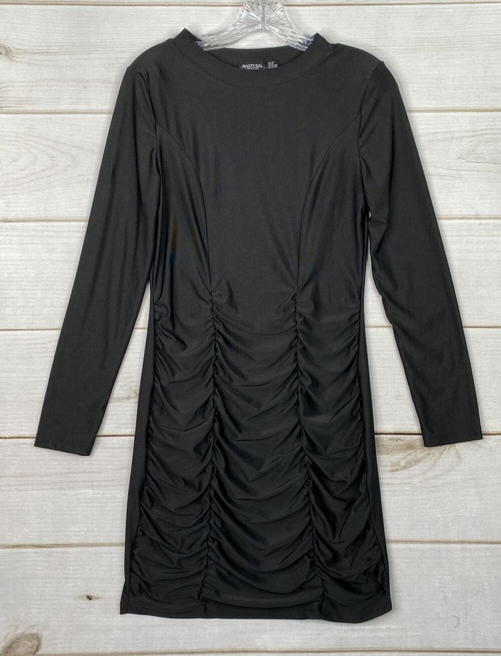 Nasty Gal Slip Dress Sz 8 Black Ruched Bodycon Dress Long Sleeve Club Date